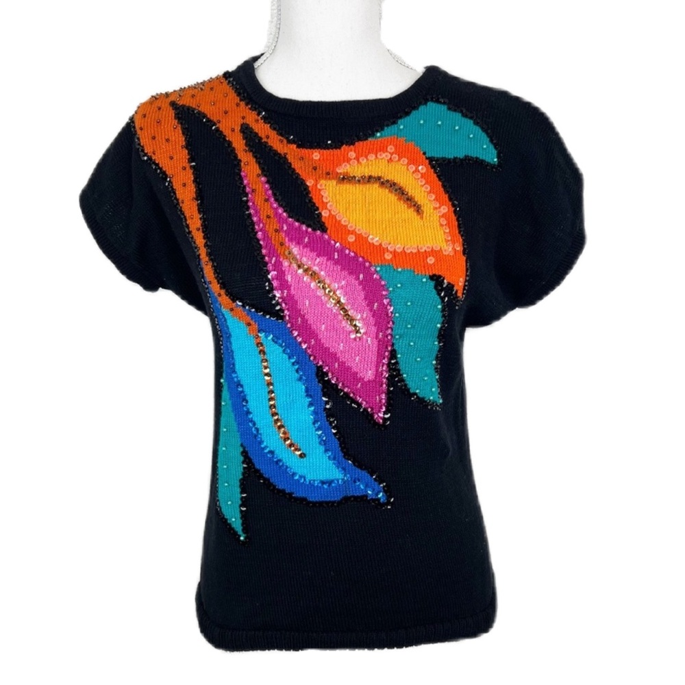Pia Knits Sweater Women Small Black Colorful Sequin Elegant Short Sleeve Vintage